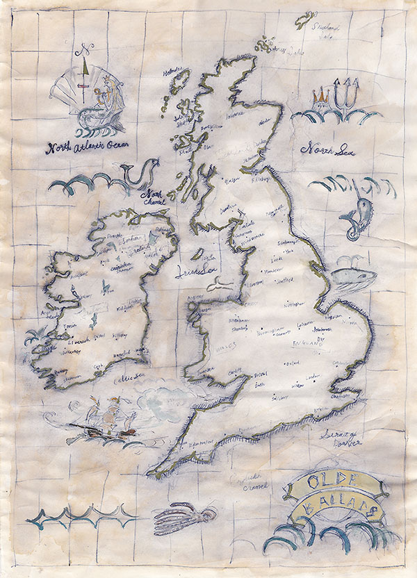 A study of Map The British Isles #1 for 'Olde Ballads' Traveling / バラッド探求のためのブリテン諸島地図の習作その１
